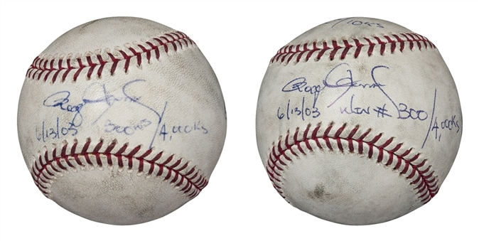 Roger Clemens Signed And Inscribed Baseballs Used For His Bullpen Warm-up Prior To His 300th Win Lot Of 2 (PSA/DNA)